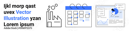 Factory process, organized calendar, and analytics platform with charts. Ideal for productivity, management, industry, scheduling, team planning technology business visualization. Perfect