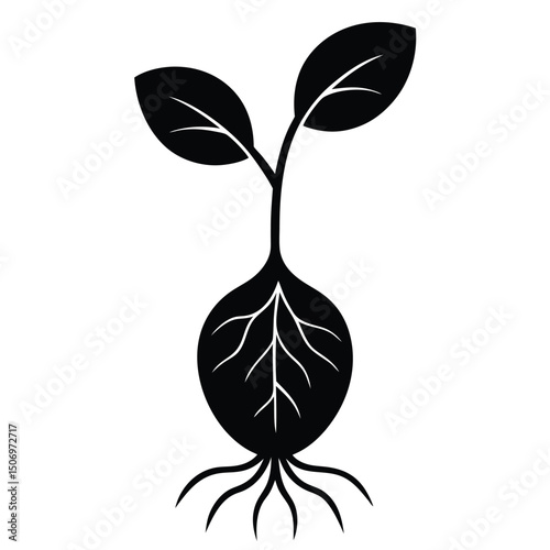 Simple black silhouette of a sprouting plant seedling