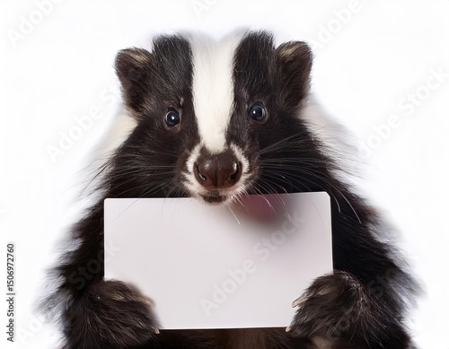 an skunk holding blank card or poster , closeup view of animal pet face portrait and empty blank