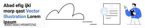 Cloud element connected to document, professional explaining its features with pointing gesture. Ideal for cloud services, digital storage, presentations, team training, workflow, education, simple