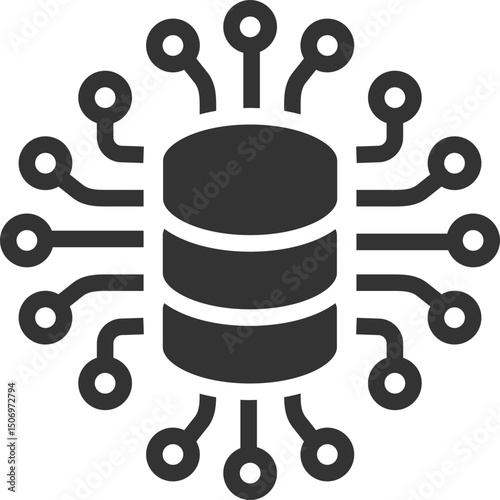 Conceptual graphic of a database server connected via a chip circuit. Symbolizes data, technology, and interconnected systems. Ideal for IT, networking, or cloud concepts.