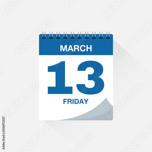 Calendar with date March 13, day calendar icon. Business meeting schedule date sign, event calendar reminder, page calendar, agenda planner, appointment date, deadline template, vector illustration.