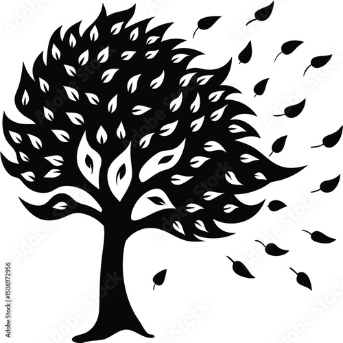 Stylized black tree silhouette leaves blowing wind art