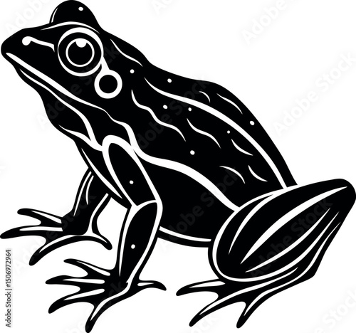 Frog in the Wild: A detailed artistic black and white illustration of a frog, featuring the amphibian in a static pose