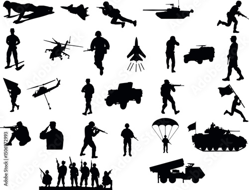 Military Silhouette Array: A compelling collection of silhouettes of soldiers, aircraft, and military vehicles, depicting the essence of military life and action.