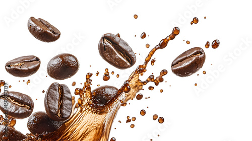 Flying coffee beans with a brown splash on a white background