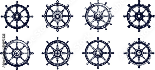 Collection of ship wheels isolated on white background