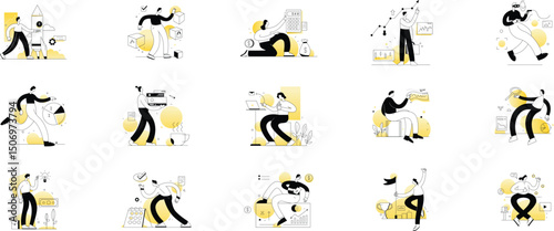 Bundle of yellow linear concepts with people scene in flat cartoon design. A big collection of scenes with men and women in various situations on a white background. Vector illustration.