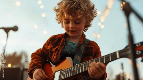 A cheerful child is playing guitar under the enchanting outdoor lights, capturing the essence of joy, creativity, and the spirit of music in a vibrant social setting.