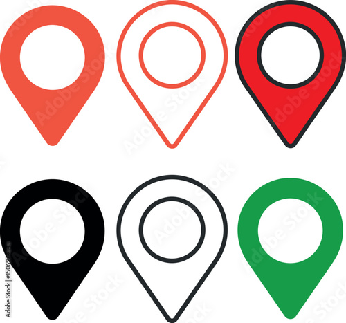 Location Pins: A collection of location pins, each with a distinct color, meticulously arranged to draw attention to the location. Representing location with a simple but vivid symbol.