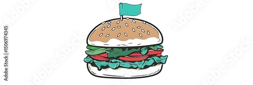 Line art burger icon featuring fresh vegetables and a sesame bun in teal and green tones