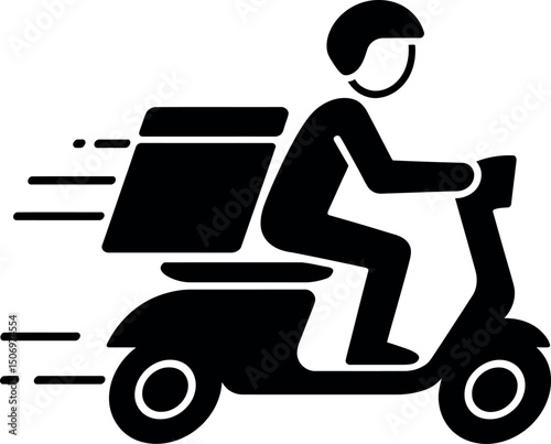 Express Delivery Icon: A bold illustration of a delivery person on a scooter, rapidly transporting a package. Ideal for conveying speed, efficiency, and modern convenience. 