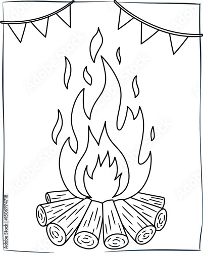 Campfire Illustration: A stylized campfire crackles with life, encircled by firewood and adorned with festive pennants, celebrating the warmth of communal gatherings.