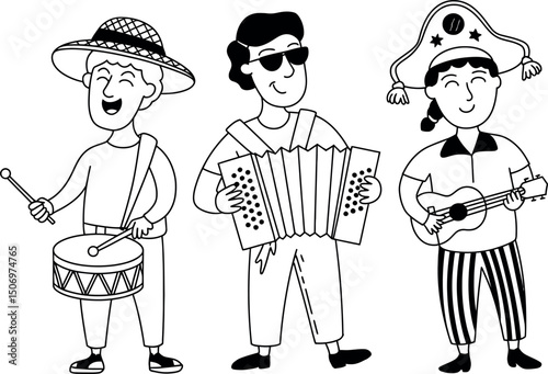 Musical Trio: A lively black and white illustration of a musical trio, each member deeply engrossed in their respective instruments, captures a moment of harmonious collaboration. 