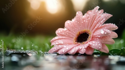 A stunning close-up of a pink flower glistening with water droplets, capturing the beauty of nature and the refreshing essence of growth and renewal in a soft, blurred background.