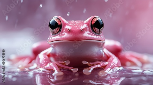 A close-up view of a pink frog is captured as raindrops gently fall around it, illustrating the beauty of nature in a captivating moment filled with color and texture. photo