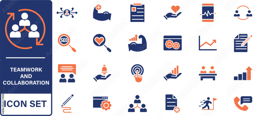 Obraz premium Teamwork and collaboration icon set. Thin line editable stroke icons for teams, leadership, meetings, project management, brainstorming, team growth, support, partnership and remote work.