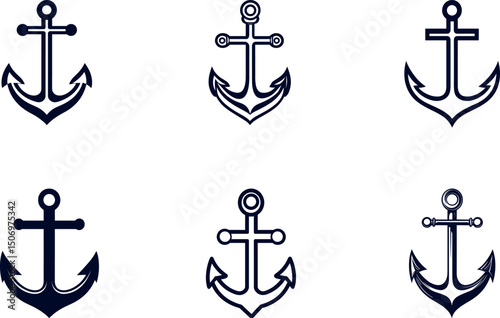 Collection of six navy blue anchor designs isolated on white background