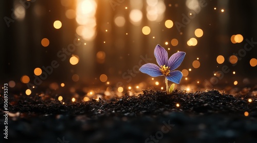 A single, vibrant purple flower emerges from dark soil, illuminated by soft golden light, symbolizing resilience and beauty in a serene and mystical environment.