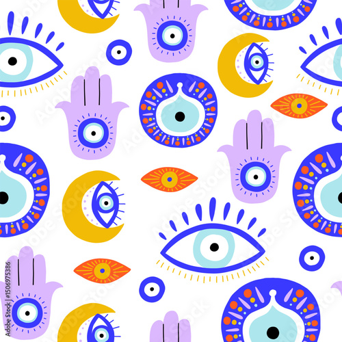 Blue abstract turkish evil eye seamless pattern. Greek magic astrology design. Vector background