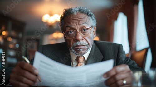 A serious man in a suit examines important documents at a desk, reflecting a focus on decision-making and responsibility in a professional environment.