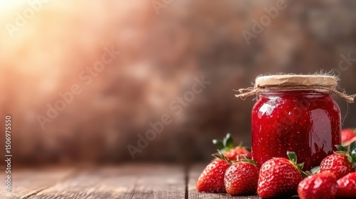 A beautifully enclosed jar of homemade strawberry jam rests beside fresh strawberries on a rustic wooden surface, radiating warmth and sweetness.
