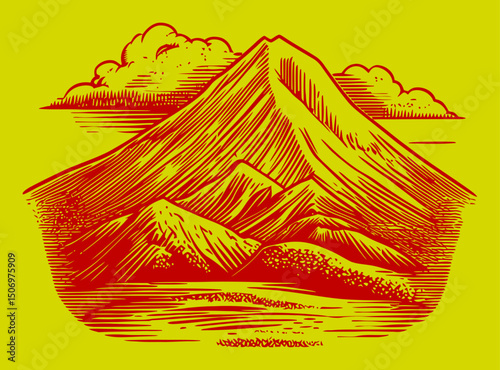 Detailed Engraving of Mountain Landscape with Clouds and Hills