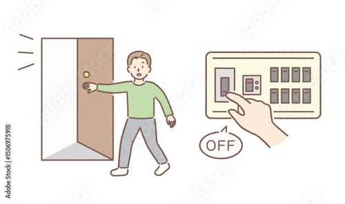 災害時にブレーカーを落として出口を確保する男性