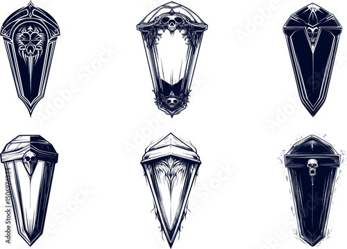 Collection of gothic shields isolated on white background