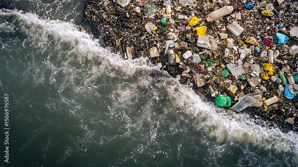 Obraz premium A polluted ocean area where factory waste flows into the water, damaging the environment.