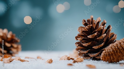 This stunning image captures delicate pine cones nestled on a bed of white snow, contrasting beautifully with a soft blue background that evokes a serene winter atmosphere.