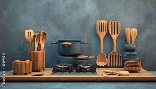 Handcrafted wooden cooking utensils and a stove setup, emphasized with a cool blue-gray theme
