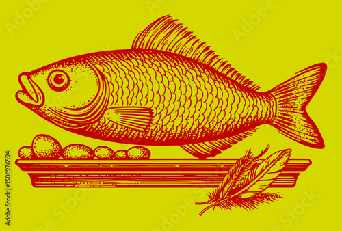 Detailed Engraving of a Fish with Eggs on a Decorative Platter