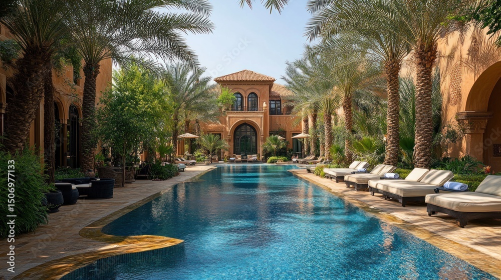 Fototapeta premium Luxury Resort Poolside Oasis: Tranquil Escape in a Moroccan-Inspired Villa