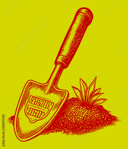 Vintage Engraving of Garden Trowel with Soil and Plant Detail