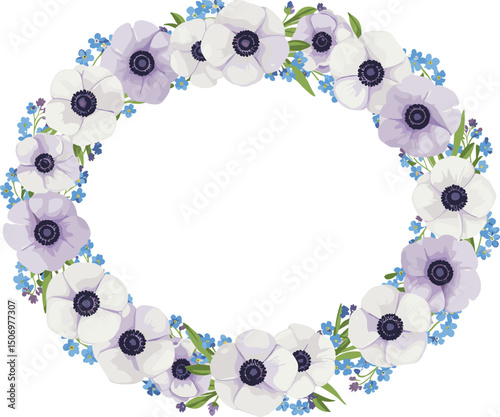 Blue forget-me-nots and soft purple anemones. Watercolor spring botanical isolated round wreath, suitable for eco-branding, packaging, cards, wedding designs, botanical projects, 