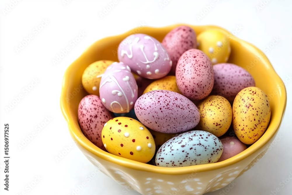 Fototapeta premium Multicoloured chocolate Easter eggs in a yellow bowl on a white background