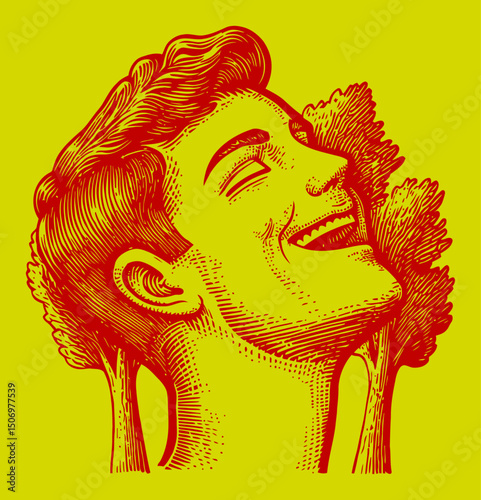 Vintage Engraved Portrait of Happy Man Surrounded by Trees