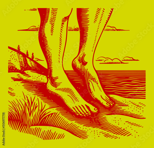 Detailed Foot Engraving by the Water's Edge in Black and White Style