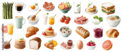 Set of watercolor illustrations featuring classic breakfast foods and drinks