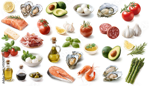 Watercolor set of a variety of gourmet foods including meats, seafood, pasta, cheese, vegetables, herbs