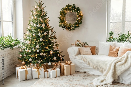 White and spacious domestic living room decorated with Christmas fir tree and pastel holiday decor. Festive craft gift boxes and wrapped presents for family and friends. Cozy celebrations at home
