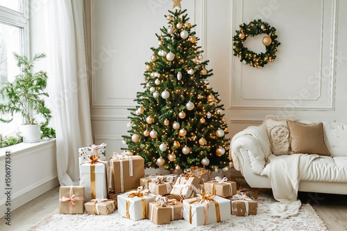 White and spacious domestic living room decorated with Christmas fir tree and pastel holiday decor. Festive craft gift boxes and wrapped presents for family and friends. Cozy celebrations at home