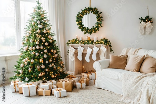 White and spacious domestic living room decorated with Christmas fir tree and pastel holiday decor. Festive craft gift boxes and wrapped presents for family and friends. Cozy celebrations at home