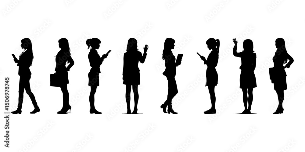 Businesswomen In Profile Silhouette Icon Set. Professional Interaction And Communication Symbol Collection. Corporate And Office Use. Isolated Vector Illustration Businesswomen In Profile Silhouette Icon Set. Professional Interaction And Communication Symbol Collection. Corporate And Office Use. Isolated Vector Illustration