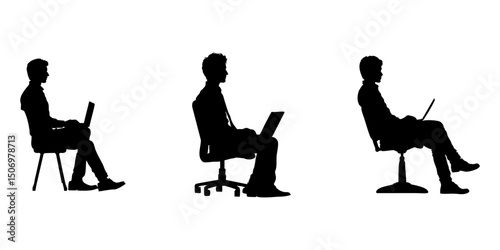 Seated Men With Laptops Silhouette Icon Set. Office Work And Remote Working Posture Symbol Collection. Business And Technology Visuals. Isolated Vector Illustration