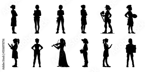 Silhouette Icon Set Of Diverse Female Figures In Various Occupations. Professional And Hobby Representation Symbol Collection. Career And Lifestyle. Isolated Vector Illustration
