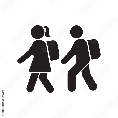 schoolboy icon, kid symbol isolated, boy and girl with backpack, human silhouette, child symbol.