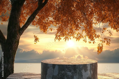 Abstact 3d render Natural background, Stone podium under the big tree, Backdrop sunset, sky, sun and clouds for product display, advertising, cosmetic, mockup or etc