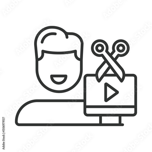 Video editor, icon in line design. Video editor, timeline, cutting, trimming, transitions, effects, color grading on white background vector. Video editor editable stroke icon